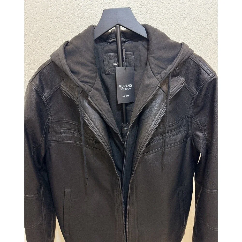 Murano Big & Tall Black Bomber with Knit Hood Faux Leather Jacket. Size LT . New